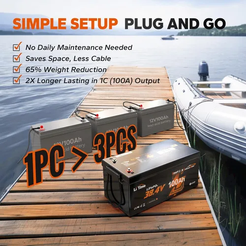 Vista 2 de LiTime Batería LiFePO4 de 36V 100Ah OBM Bluetooth con Protección a Baja Temperatura con Cargador de 43.8V 25A, BMS Integrado de 100A, Batería