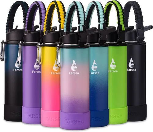 Vista 28 de Botella de agua Farsea aislada con asa de paracord, protector y 2 tapas (tapa de pajita y tapa de boquilla), de acero inoxidable, boca ancha, doble
