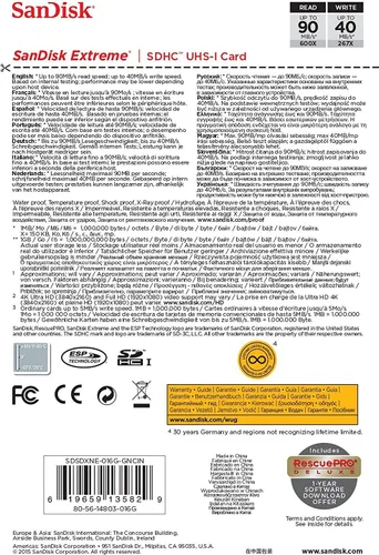 Vista 3 de SanDisk 16GB Extreme SDHC UHS-I Memory Card - 90MB/s, C10, U3, V30, 4K UHD, Tarjeta SD - SDSDXNE-016G-GNCIN