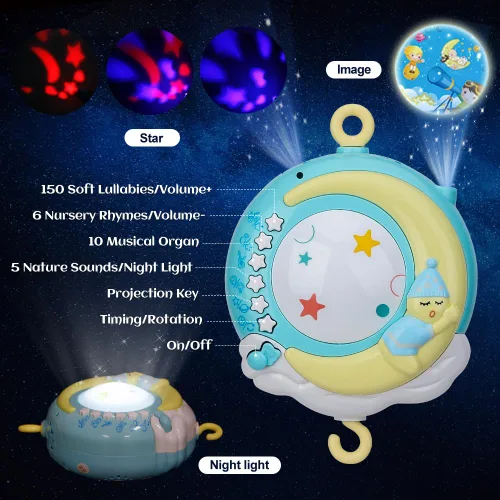 Vista 4 de Móvil para cuna musical para bebé con función de temporizador, luces de proyector, sonajeros de pie y caja de música de 150 melodías con control