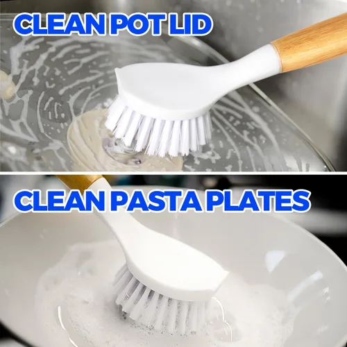 Vista 21 de Holikme Juego de 3 cepillos para platos con mango de bambú, cepillos de cocina para limpiar ollas, fregadero y estufa, limpiador de sartén