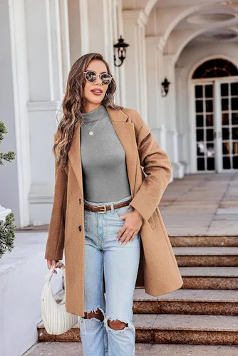 Vista 5 de Ekouaer Camisas de manga larga con cuello alto para mujer, capa base ligera, color liso, ajuste delgado (S-XXL)