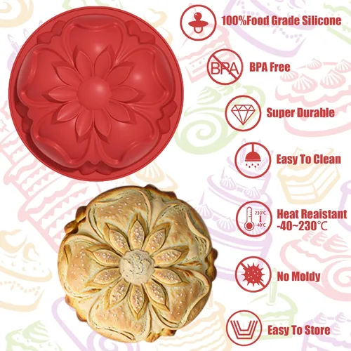Vista 3 de Molde de silicona para tartas en forma de flor, molde redondo grande de 8 pulgadas, moldes de silicona florales antiadherentes para hornear