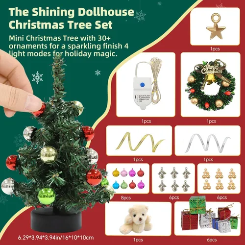 Vista 2 de iLAND Accesorios para Casa de Muñecas Mini Árbol de Navidad con Luces 15 cm Decoraciones de Navidad para Casa de Muñecas Lindo Pequeño Árbol