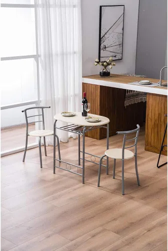 Vista 5 de Juego de mesa redonda y silla de madera de 3 piezas para cocina, comedor, espacio compacto con marco de acero, estante de vino incorporado (blanco)