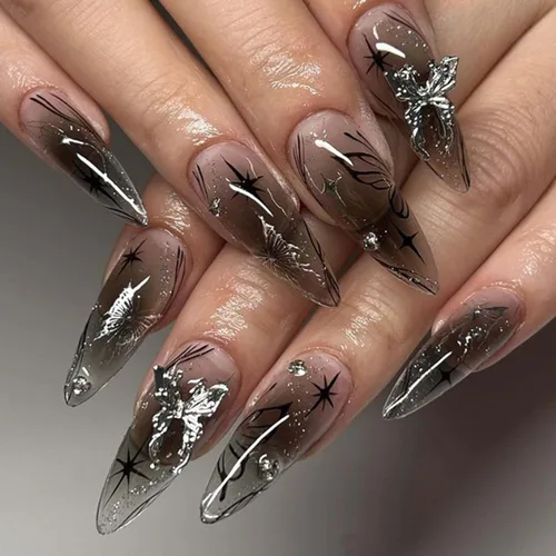 Vista 24 de Uñas postizas de lujo 3D con mariposas, uña francesa de cobertura completa, uña larga cuadrada, uña falsa de color nude para mujeres y niñas, 24