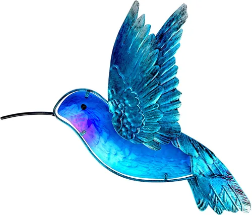 John's Studio Decoración de Pared de Colibrí de Metal Arte de Vidrio para Baño Escultura de Hierro Decoración Colgante Exterior para Hogar Azul