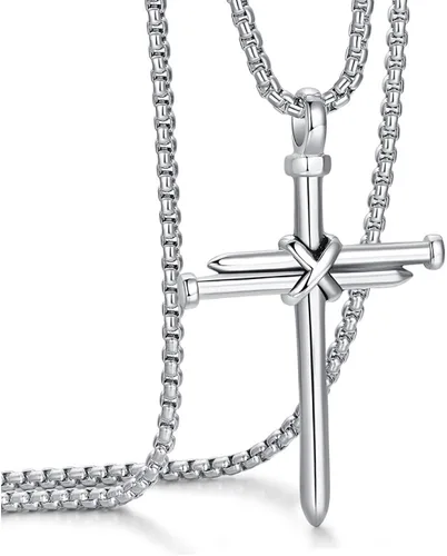 Rehoboth Men's Stainless Steel Nail Cross Pendant Necklace With 24 Inch Chain Polished Black Gold Silver