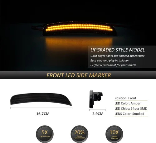Vista 5 de D-Lumina - Luces LED de señalización lateral delantera ámbar, luces laterales de doble LED con lente ahumada para Dodge Charger 2015-2022