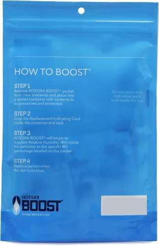 Vista 4 de Integra Boost 62% HR Nivel - Tamaño de 8 Gramos - Paquete de Control de Humedad de Dos Vías - Incluye Tarjetas Indicadoras de Reemplazo