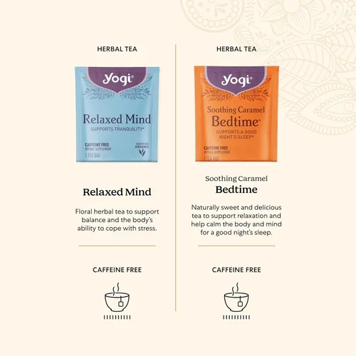 Vista 5 de Caja de muestra de té de relajación Yogi (32 bolsas de té) - 8 tés de hierbas favoritos - Orgánico y sin cafeína