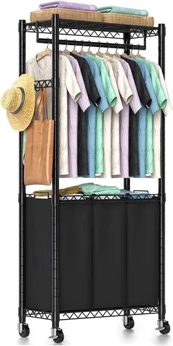 Vista 9 de Hodonas Cesta organizadora de lavandería con ruedas y barra para colgar, cesta de lavandería clasificadora de 3 secciones, cestas de ropa sucia
