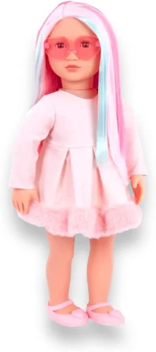Generation Fashion Dolls - Muñeca rosa de 18 pulgadas, pelo rosa con una raya de turquesa, lentes de sol de corazón rosa, vestido y zapatos rosados