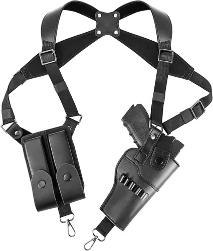 Vista 8 de Funda de hombro, fundas de hombro ajustables de cuero para transporte oculto con doble bolsa de revista, compatible con 1911, Glock 17/19/23