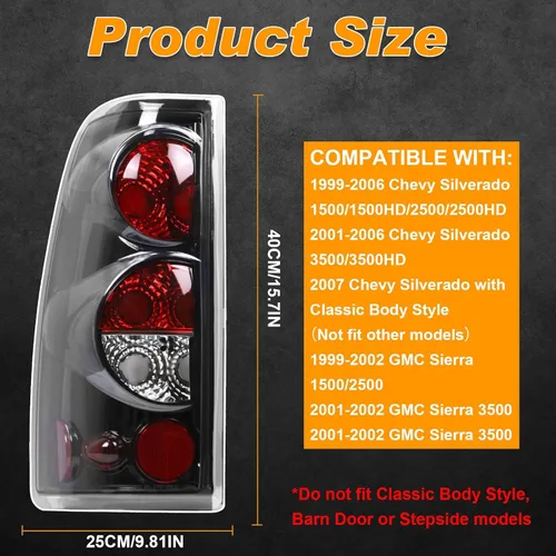 Vista 2 de Luz trasera negra compatible con Chevy Silverado 1999-2006 1500 2500 3500 2007 Classic, 1999-2002 GMC Sierra 1500 2500 3500 luces traseras laterales