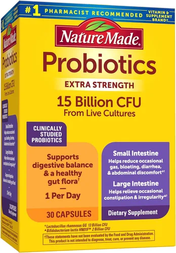 Nature Made Probióticos para la salud digestiva Extra Strength 15 mil millones de UFC de cultivos vivos, probióticos para mujeres y hombres, 30