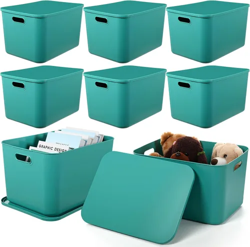 Vista 21 de Hoolerry 8 contenedores de almacenamiento coloridos con tapa, cesta de almacenamiento de plástico, contenedor organizador apilable con asa para Negro