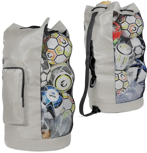 Vista 10 de Bolsa de equipo de fútbol de malla resistente XL de Fitdom con diseño de correa de hombro ajustable para entrenador. Con un bolsillo frontal extra
