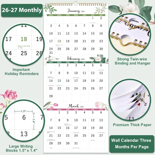 Vista 3 de Calendario 2026-2027 – Calendario de pared de 3 meses 2026-2027, mayo de 2026 a junio de 2027, 11.3 x 26 pulgadas, calendarios verticales de 3 meses