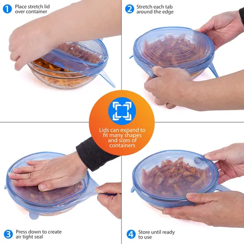 Vista 3 de Cocina + tapas de silicona extensibles – Juego de 6 cubiertas de silicona para almacenar alimentos – sin BPA, Assorted, Azul