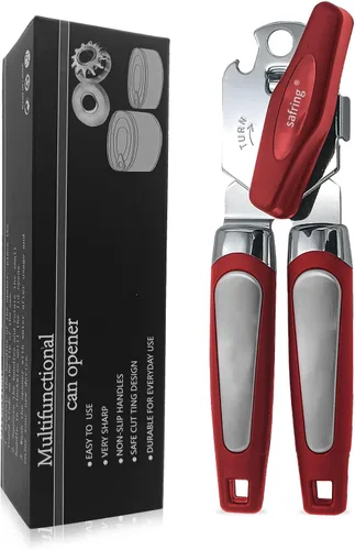 Vista 9 de Safring Abrelatas manual, de mano de acero inoxidable resistente y resistente, mango cómodo, borde liso de hoja afilada, abrelatas con abrebotellas