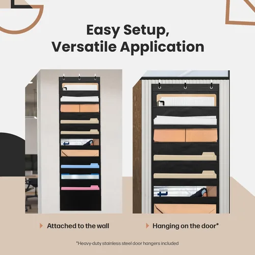 Vista 5 de Hippo Creation - Tabla con compartimentos negra de 10 compartimentos, 6 colgadores incluidos, organizador de pared colgante para carpetas, buzón