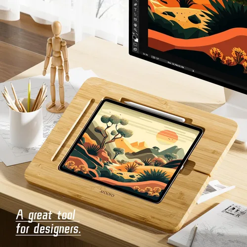 Vista 2 de AFOOYO Soporte de dibujo de bambú para tableta, portátil y ajustable, 5 ángulos, soporte elevador para laptop, soporte de lectura de libros