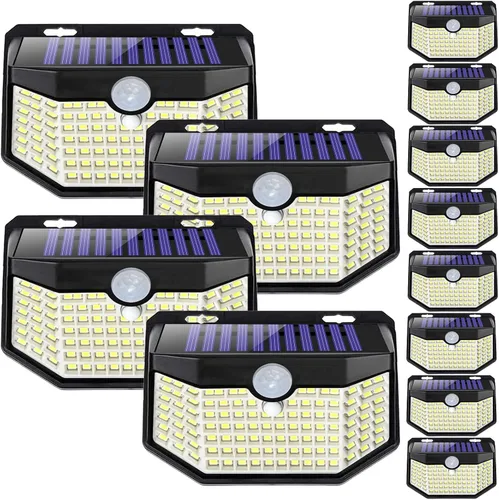 Vista 10 de HMCITY 120 luces LED solares para exteriores con sensor de movimiento y 3 modos de iluminación, IP65 impermeables, amplias, luces solares de pared