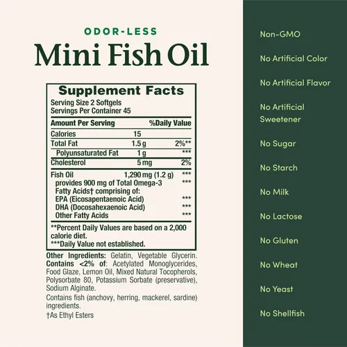 Vista 5 de Nature's Bounty Mini cápsulas blandas de aceite de pescado, suplementos Omega 3 de aceite de pescado sin eructos, apoya la salud del corazón, 90