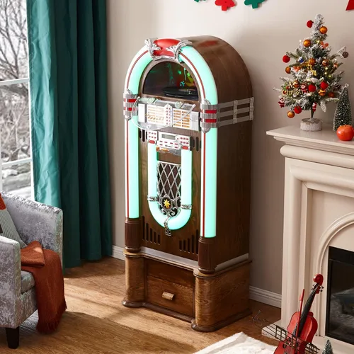 Vista 4 de ARKROCKET Jukebox Saturn V con soporte • Reproductor de discos de vinilo • USB • SD • AUX • Radio FM • MP3 • Reproductor de CD • Luz LED arcoíris •