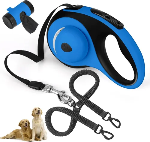 Correa retráctil doble para perros medianos (hasta 66 libras cada uno), correa de doble cabeza para mascotas con bolsas para excrementos y luz LED,