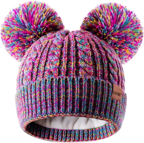 Winter Hat for Kids Toddler Children, Girls Beanie with Double Pom Pom Warm Fleece Lined, Girls Accessories Knit Beanies Cap