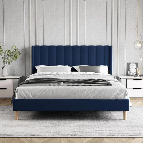 Vista 60 de Zoophyter Base de cama tapizada de plataforma tamaño King con cabecero, listones de madera fuertes, no necesita somier, fácil montaje, lino blanco
