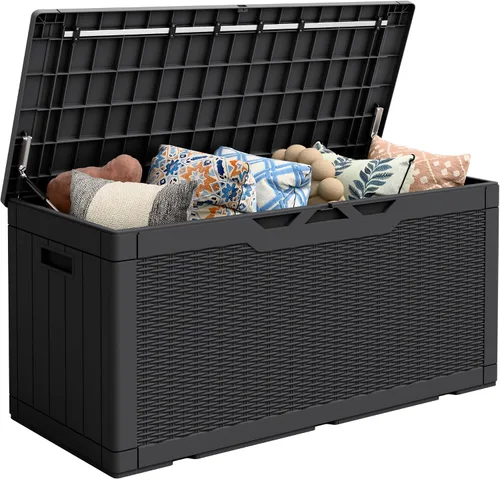 Vista 10 de Flamaker Caja de Almacenamiento al Aire Libre de 80 Galones de Resina Impermeable Caja de Cubierta Caja de Entrega con Textura de Madera Contenedor