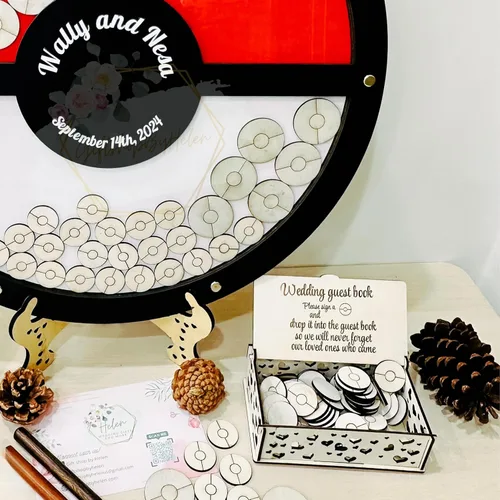 Vista 2 de Alternativa de libro de invitados de boda de bola negra personalizada, idea de libro de invitados de boda de madera, libro de invitados con temática