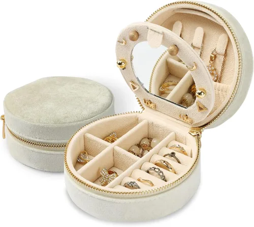 Dajasan Organizador de joyas de terciopelo, mini estuche de joyería de viaje, pequeña caja organizadora de joyas de viaje portátil con espejo para