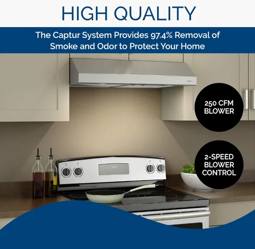 Vista 3 de Broan-NuTone Glacier - Campana extractora convertible de 4 vías para debajo del gabinete de 24 pulgadas con ventilador de escape de 2 velocidades