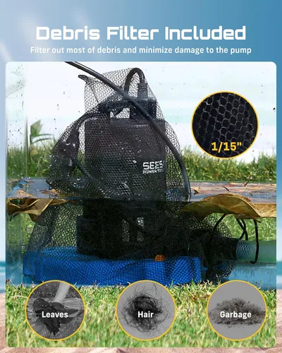 Vista 4 de SEESII Bomba de cubierta de piscina de 1/3 HP, encendido/apagado automático, bomba de agua sumergible de 3035 GPH con red de filtro, cable