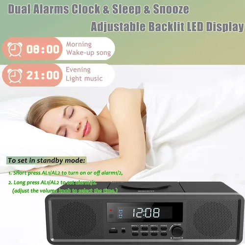 Vista 6 de WISCENT Sistema estéreo para el hogar, reproductor de CD Boombox, sistema de sonido RMS transparente de 20 W con radio FM, Bluetooth, USB, MP3, AUX