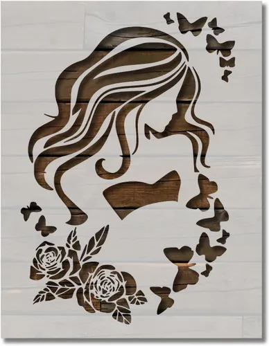 Girl Long Hair Eyes Roses Butterfly Model Stencil Template Reusable for Painting on Walls, Wood, Arts and Crafts (631) - 5.5 x 8.5 Inches