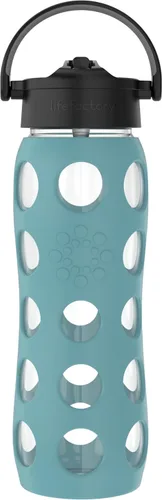 Lifefactory Botella de agua de vidrio de 22 onzas con tapa de popote pivote y funda protectora de silicona, Aqua Teal