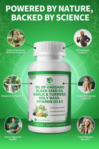 Vista 4 de Cápsulas de aceite orgánico de orégano con aceite de semilla negra, ajo, cúrcuma, albahaca santa, vitamina D3, E y pimienta negra para una mejor