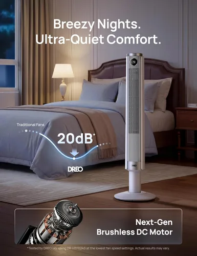 Vista 5 de DREO Smart Tower Fan for Bedroom, 40”-45” Adjustable Height, 28 ft/s Velocity, DC Motor, 9 Speeds, 4 Modes, 90°Oscillating, Standing Fan, 20dB