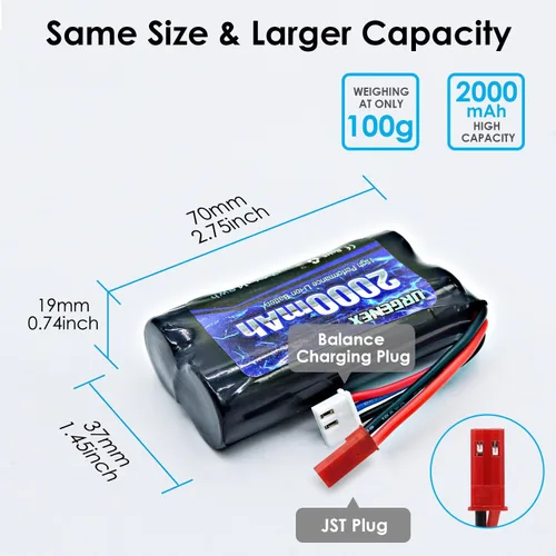 Vista 3 de URGENEX Batería de iones de litio de 2000 mAh 7.4 V con enchufe JST 2S batería recargable RC con 1 a 2 cargador USB apto para helicóptero RC camión