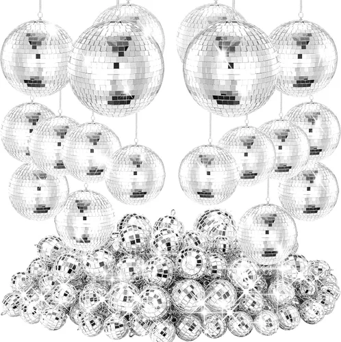 54 mini bolas de discoteca plateadas, adornos de bola de disco colgantes para decoración de bolas de discoteca, mini bolas de discoteca para