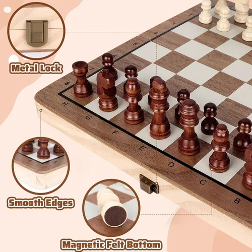 Vista 3 de Juego de ajedrez de madera, tablero de ajedrez magnético de 11.5 pulgadas con diseño plegable y almacenamiento, juego de ajedrez de viaje