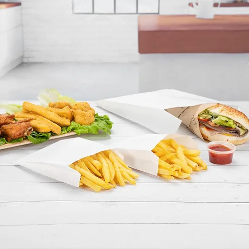 Vista 7 de Restaurantware Bag Tek - Bolsas de papel de 4.3 x 1.5 x 6.3 pulgadas para aperitivos, 100 bolsas desechables para papas fritas, a prueba de grasa