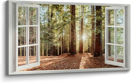 Lienzo decorativo para pared de bosque de ventana, pintura de naturaleza, paisaje de amanecer, sala de estar, dormitorio, paisaje, imagen relajante