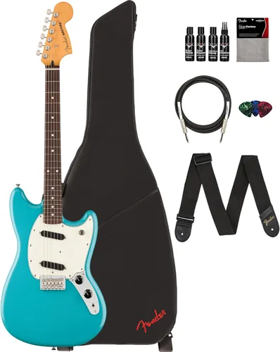 Fender Player II Mustang - Paquete azul Aquatone con estuche, correa, cable, paquete de 3 púas y kit de limpieza de guitarra