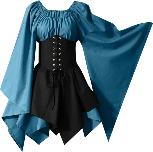 FRMUIC Disfraz renacentista medieval para mujer, disfraz de Halloween, vestido de cosplay irlandés, vestido de manga de mariposa